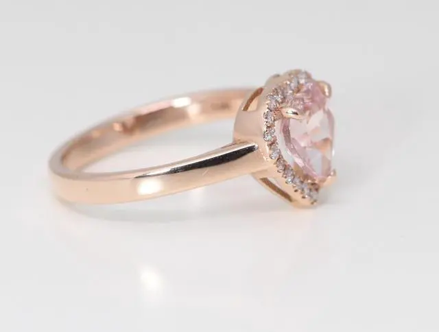 Alt view image 3 of 4 - 14k Rose Gold Heart Natural Mined Morganite & Diamond Halo Ring (Pink Morganite & White Diamonds VS2)