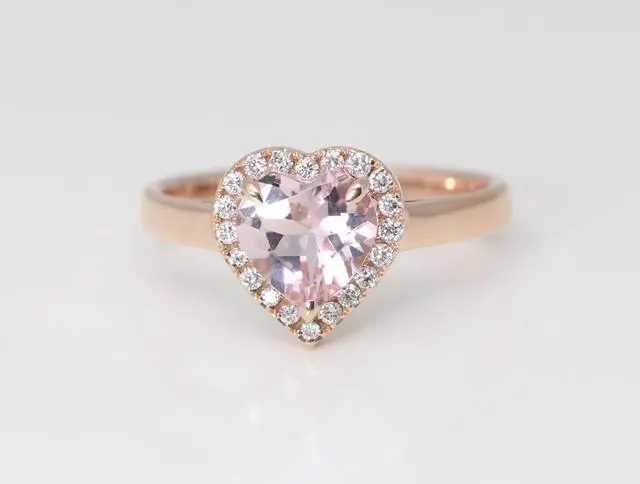 Alt view image 4 of 4 - 14k Rose Gold Heart Natural Mined Morganite & Diamond Halo Ring (Pink Morganite & White Diamonds VS2)