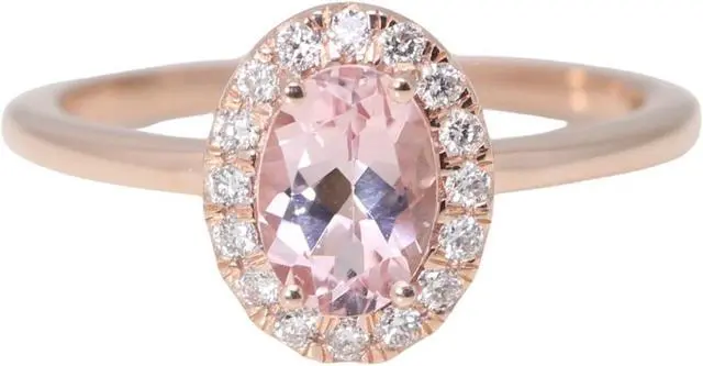 Main image of 14k Rose Gold Oval Natural Mined Morganite & Diamond Halo Ring (Pink Morganite & White Diamonds VS2)