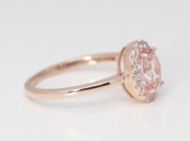 Alt view image 3 of 4 - 14k Rose Gold Oval Natural Mined Morganite & Diamond Halo Ring (Pink Morganite & White Diamonds VS2)