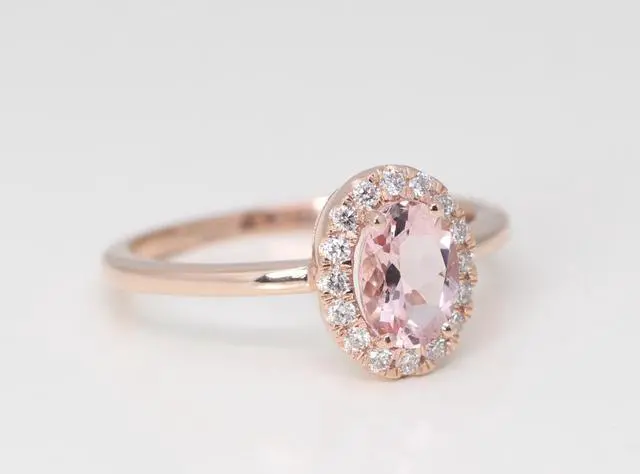 Alt view image 2 of 4 - 14k Rose Gold Oval Natural Mined Morganite & Diamond Halo Ring (Pink Morganite & White Diamonds VS2)
