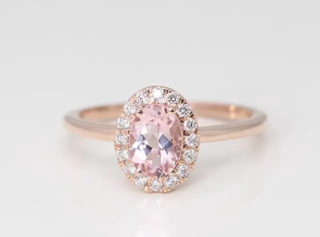 Alt view image 4 of 4 - 14k Rose Gold Oval Natural Mined Morganite & Diamond Halo Ring (Pink Morganite & White Diamonds VS2)
