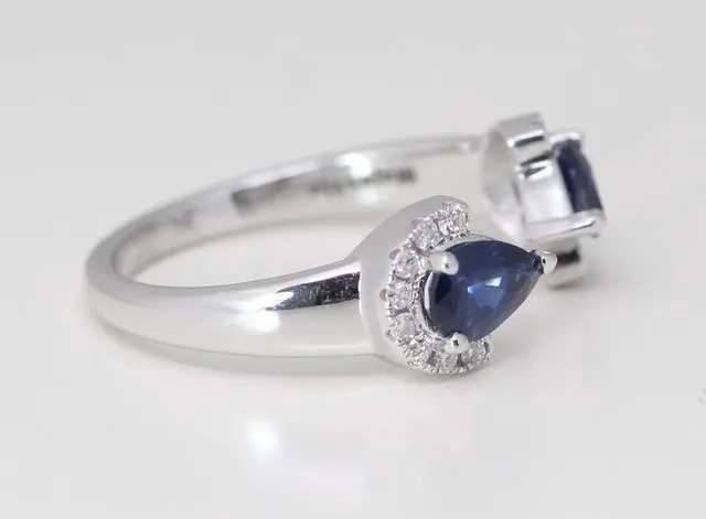 Alt view image 3 of 4 - 14k Gold Pear Natural Mined Sapphire & Diamond Leaf Pinky Ring (Blue Sapphire & White Diamonds VS2)