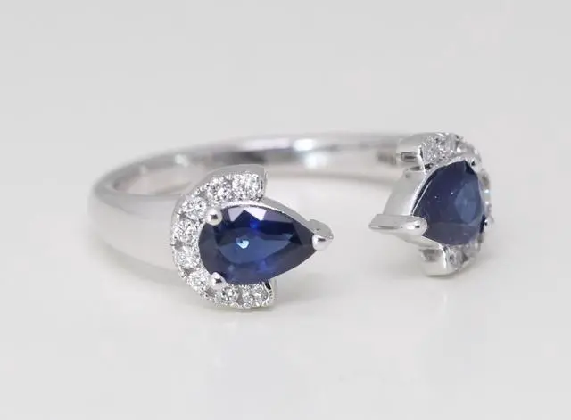 Alt view image 2 of 4 - 14k Gold Pear Natural Mined Sapphire & Diamond Leaf Pinky Ring (Blue Sapphire & White Diamonds VS2)