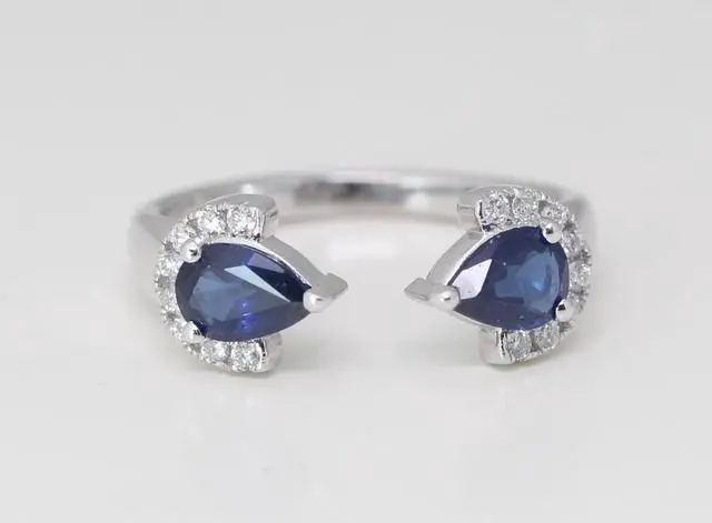 Alt view image 4 of 4 - 14k Gold Pear Natural Mined Sapphire & Diamond Leaf Pinky Ring (Blue Sapphire & White Diamonds VS2)