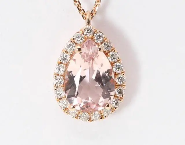 Alt view image 3 of 4 - 14k Rose Gold Pear Natural Mined Morganite & Diamond Halo Pendant (Pink Morganite & White Diamonds VS2)