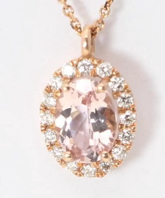 Alt view image 3 of 4 - 14k Rose Gold Oval Natural Mined Morganite & Diamond Halo Pendant (Pink Morganite & White Diamonds VS2)