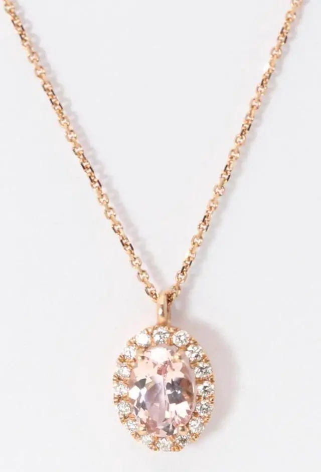 Alt view image 2 of 4 - 14k Rose Gold Oval Natural Mined Morganite & Diamond Halo Pendant (Pink Morganite & White Diamonds VS2)