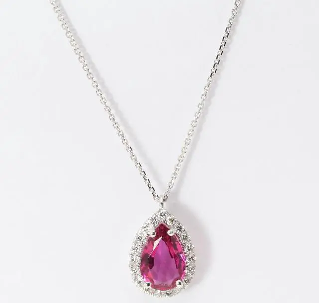 Alt view image 2 of 4 - 14k Gold Pear Natural Tourmaline & Diamond Teardrop Halo Pendant (Red Tourmaline & White Diamonds VS2)
