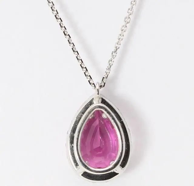 Alt view image 4 of 4 - 14k Gold Pear Natural Tourmaline & Diamond Teardrop Halo Pendant (Red Tourmaline & White Diamonds VS2)