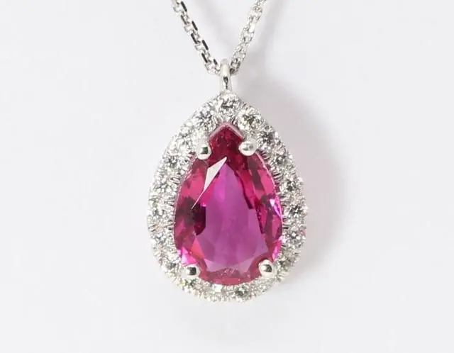 Alt view image 3 of 4 - 14k Gold Pear Natural Tourmaline & Diamond Teardrop Halo Pendant (Red Tourmaline & White Diamonds VS2)