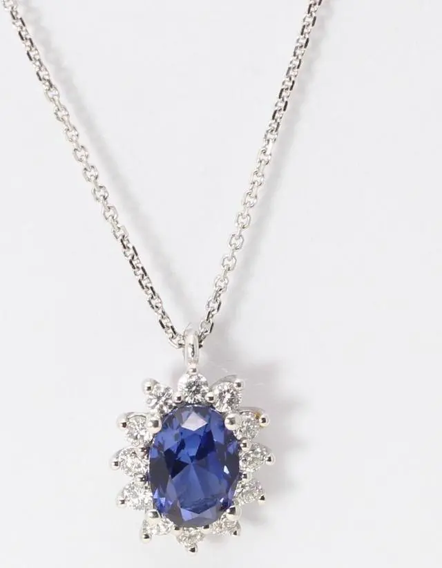 Alt view image 2 of 4 - 14k Gold Oval Natural Sapphire & Diamond Starburst Halo Pendant (Blue Sapphire & White Diamonds VS2)