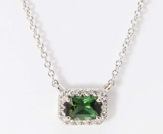 Alt view image 2 of 4 - 14k Gold Emerald Natural Mined Tourmaline & Diamond Halo Pendant (Green Tourmaline & White Diamonds VS2)