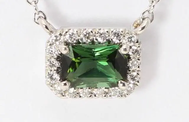 Alt view image 3 of 4 - 14k Gold Emerald Natural Mined Tourmaline & Diamond Halo Pendant (Green Tourmaline & White Diamonds VS2)