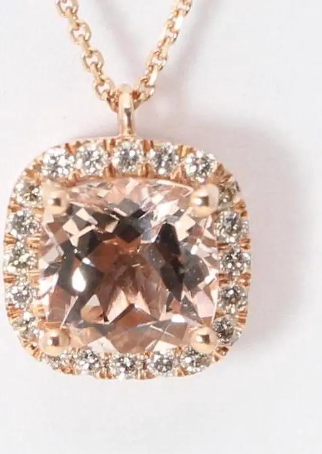 Alt view image 2 of 4 - 14k Rose Gold Cushion Natural Morganite & Diamond Halo Pendant (Peach Morganite & White Diamonds VS2)