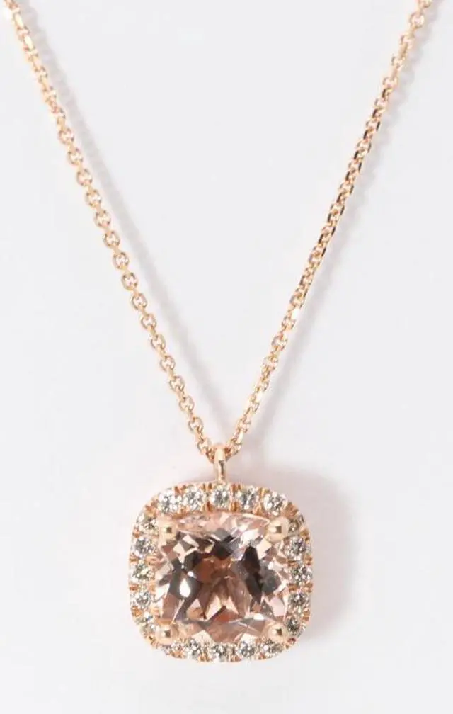 Alt view image 3 of 4 - 14k Rose Gold Cushion Natural Morganite & Diamond Halo Pendant (Peach Morganite & White Diamonds VS2)