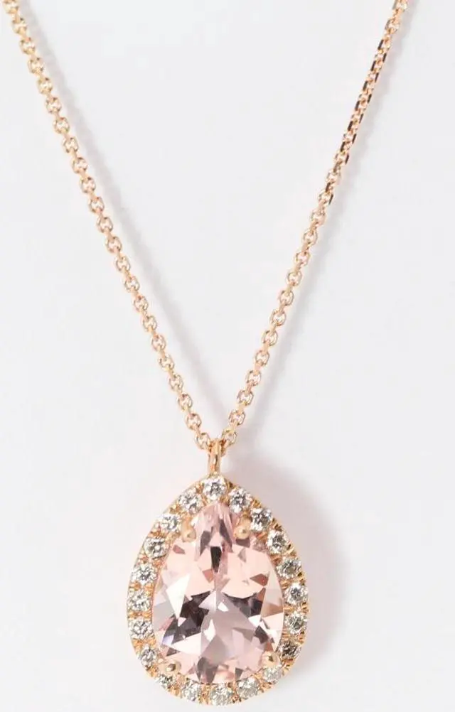 Alt view image 2 of 4 - 14k Rose Gold Pear Natural Mined Morganite & Diamond Halo Pendant (Pink Morganite & White Diamonds VS2)