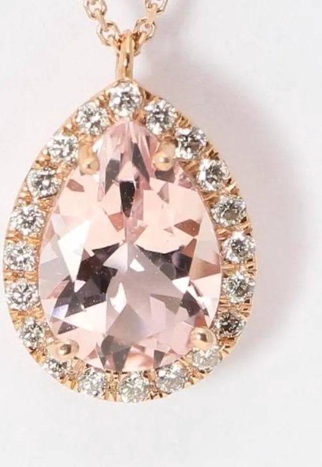 Alt view image 3 of 4 - 14k Rose Gold Pear Natural Mined Morganite & Diamond Halo Pendant (Pink Morganite & White Diamonds VS2)