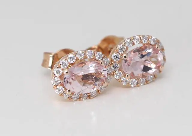 Alt view image 2 of 4 - 14k Rose Gold Oval Natural Mined Morganite & Diamond Halo Earrings (Pink Morganite & White Diamonds VS2)