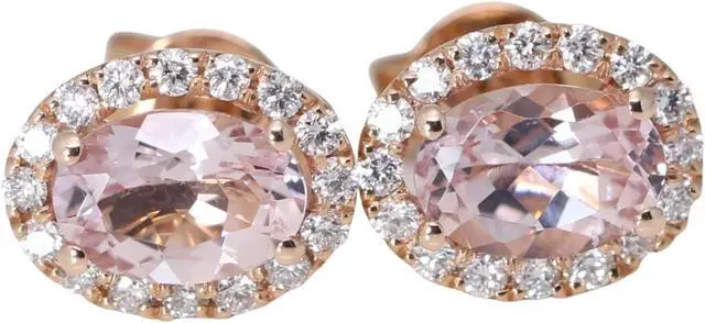 Main image of 14k Rose Gold Oval Natural Mined Morganite & Diamond Halo Earrings (Pink Morganite & White Diamonds VS2)