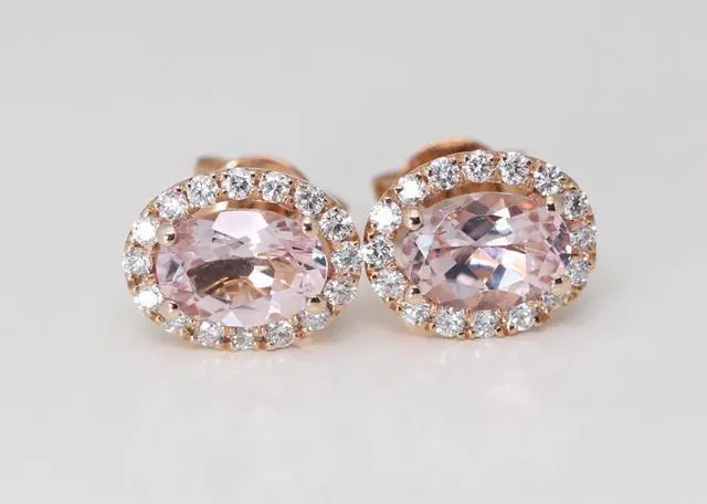 Alt view image 4 of 4 - 14k Rose Gold Oval Natural Mined Morganite & Diamond Halo Earrings (Pink Morganite & White Diamonds VS2)