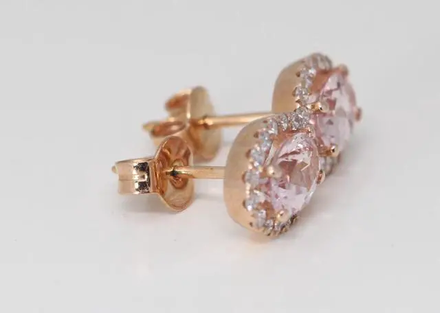 Alt view image 3 of 4 - 14k Rose Gold Oval Natural Mined Morganite & Diamond Halo Earrings (Pink Morganite & White Diamonds VS2)