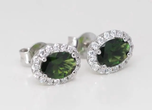Alt view image 2 of 4 - 18k Gold Oval Natural Mined Tourmaline & Diamond Halo Earrings (Green Tourmaline & White Diamonds VS2)