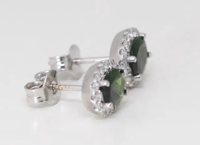 Alt view image 3 of 4 - 18k Gold Oval Natural Mined Tourmaline & Diamond Halo Earrings (Green Tourmaline & White Diamonds VS2)