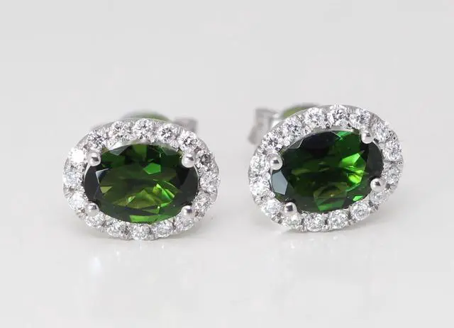 Alt view image 4 of 4 - 18k Gold Oval Natural Mined Tourmaline & Diamond Halo Earrings (Green Tourmaline & White Diamonds VS2)