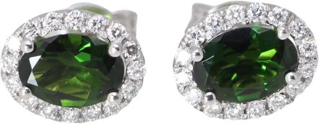 Main image of 18k Gold Oval Natural Mined Tourmaline & Diamond Halo Earrings (Green Tourmaline & White Diamonds VS2)
