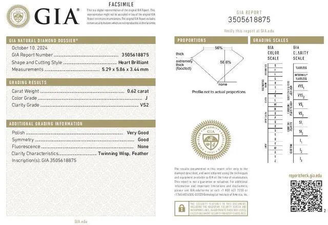 Alt view image 4 of 5 - Heart Cut Natural Mined Loose Diamond (0.62 Ct,J Color,VS2 Clarity) GIA Certified