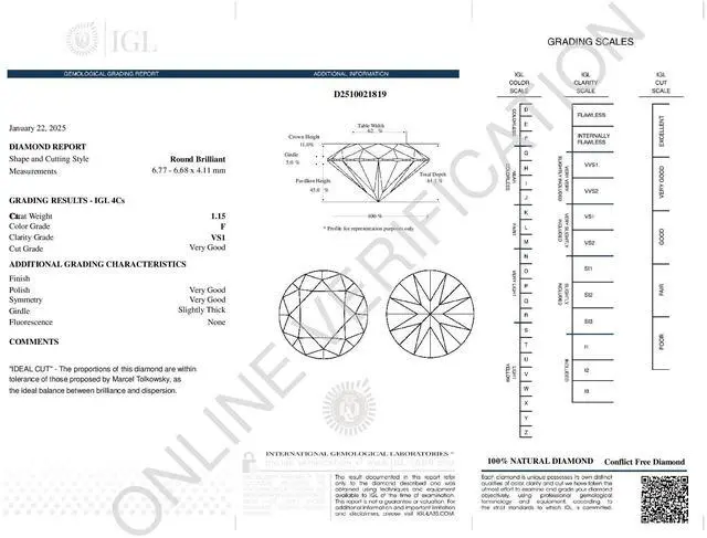 Alt view image 4 of 5 - Round Cut Natural Mined Loose Diamond (1.15 Ct,F Color,VS1 Clarity) IGL Certified