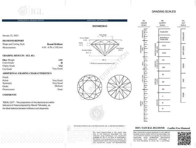 Alt view image 4 of 5 - Round Cut Natural Mined Loose Diamond (1.01 Ct,H Color,VS2 Clarity) IGL Certified