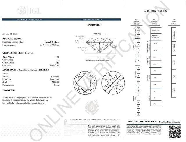 Alt view image 4 of 5 - Round Cut Natural Mined Loose Diamond (0.9 Ct,G Color,VS1 Clarity) IGL Certified