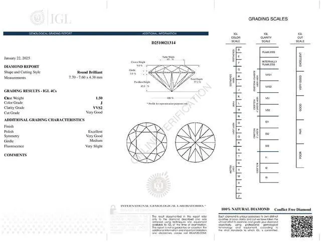 Alt view image 4 of 5 - Round Cut Natural Mined Loose Diamond (1.5 Ct,J Color,VVS2 Clarity) IGL Certified