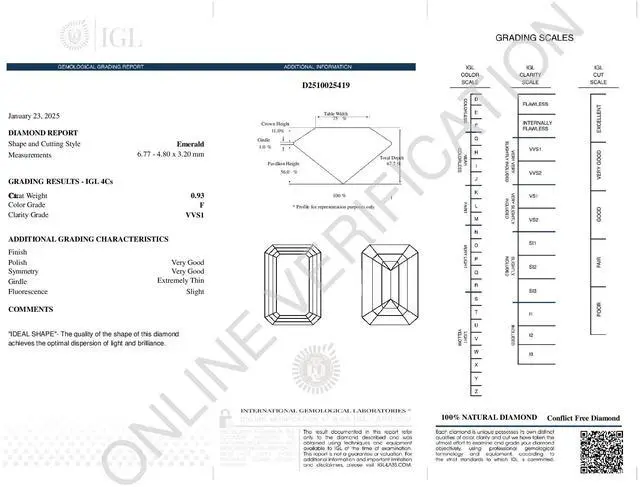 Alt view image 4 of 5 - Emerald Cut Natural Mined Loose Diamond (0.93 Ct,F Color,VVS1 Clarity) IGL Certified