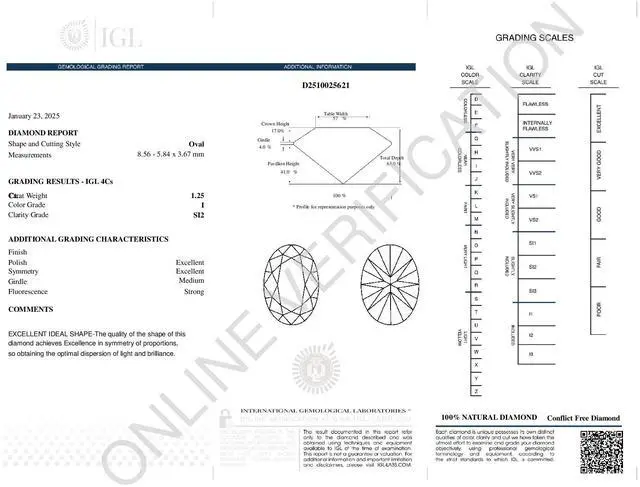 Alt view image 4 of 5 - Oval Natural Mined Diamond Solitaire Engagement Ring,14K Rose Gold (1.25 Ct,I Color,SI2 Clarity) IGL