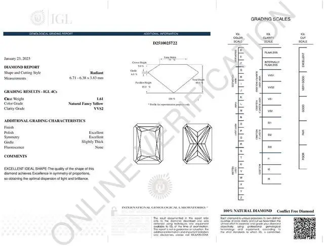 Alt view image 4 of 5 - Radiant Cut Natural Mined Loose Diamond (1.61 Ct,Natural Fancy Yellow Color,VVS2 Clarity) IGL Certified