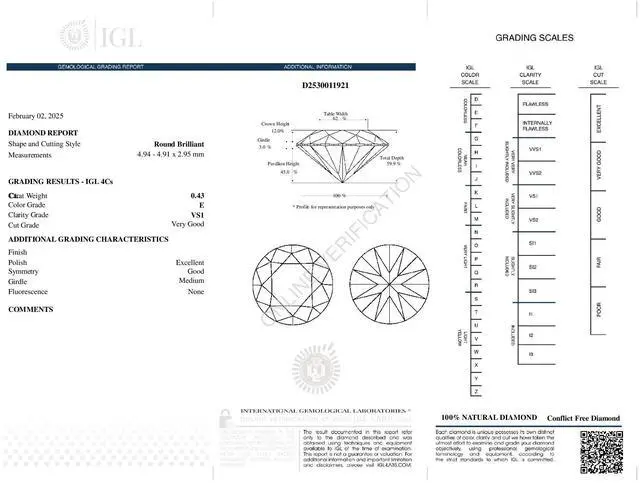 Alt view image 4 of 5 - Round Cut Natural Mined Loose Diamond (0.43 Ct,E Color,VS1 Clarity) IGL Certified