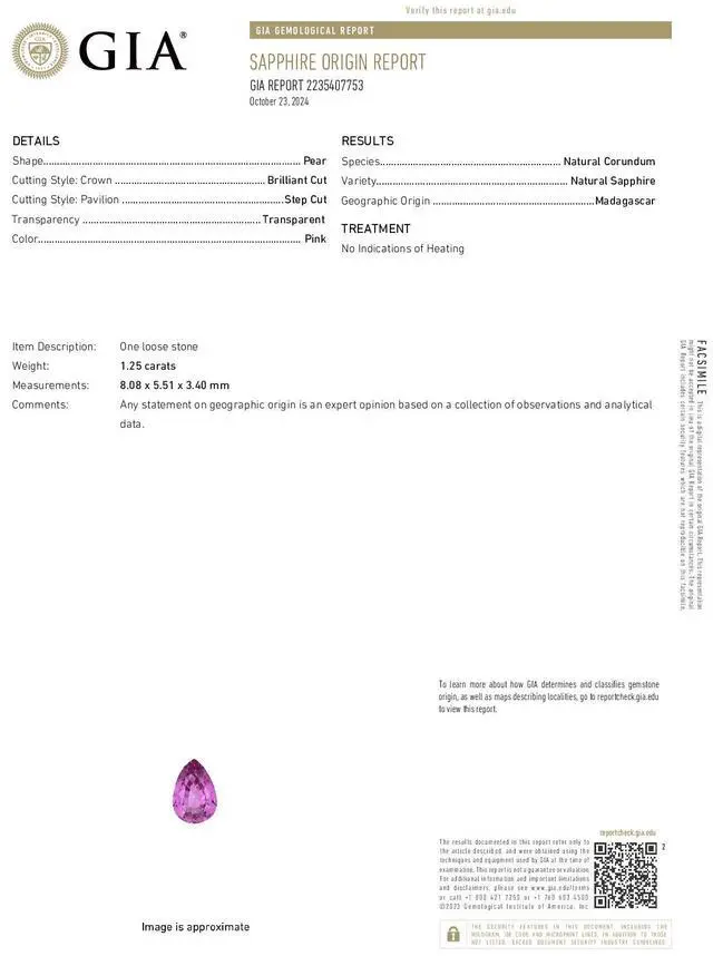 Alt view image 4 of 5 - Pear Cut Natural Mined Loose Sapphire (1.25 Ct,Pink Color,VS2 Clarity) GIA Certified