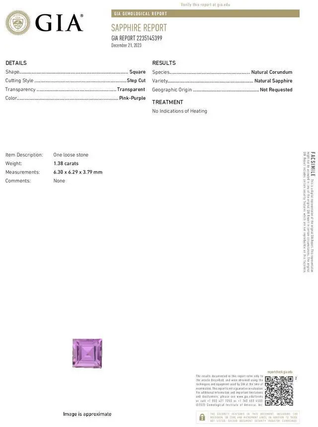 Alt view image 4 of 5 - Asscher Cut Natural Mined Loose Sapphire (1.38 Ct,Pink-purple Color,VS2 Clarity) GIA Certified