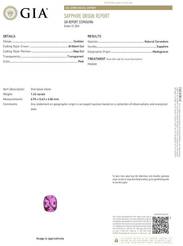 Alt view image 4 of 5 - Cushion Cut Natural Mined Loose Sapphire (1.42 Ct,Pink(Heat-Treated) Color,SI1 Clarity) GIA Certified