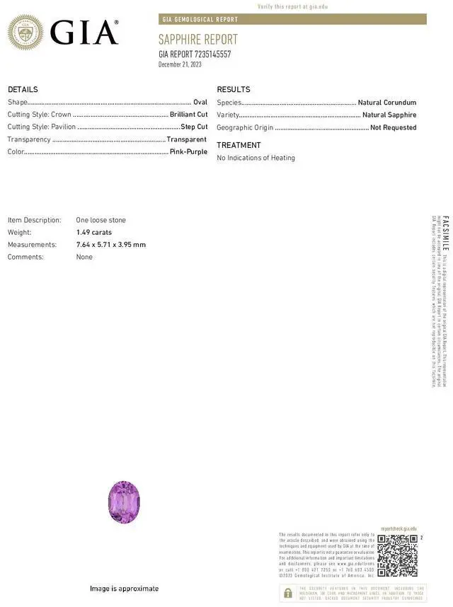 Alt view image 4 of 5 - Oval Cut Natural Mined Loose Sapphire (1.49 Ct,Pink-purple Color,VS2 Clarity) GIA Certified
