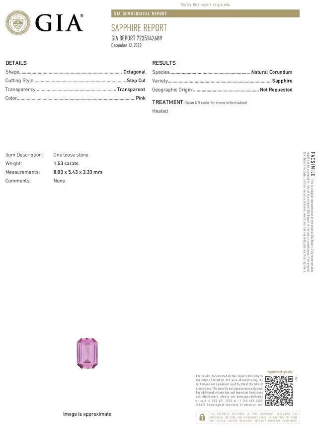 Alt view image 4 of 5 - Emerald Cut Natural Mined Loose Sapphire (1.53 Ct,Pink(Heat-Treated) Color,VS2 Clarity) GIA Certified