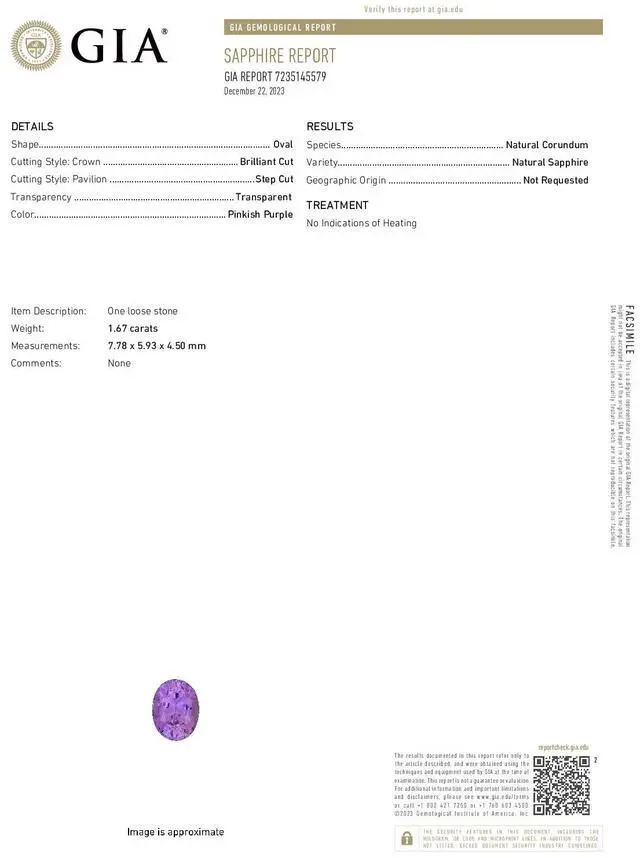 Alt view image 4 of 5 - Oval Cut Natural Mined Loose Sapphire (1.67 Ct,Pinkish Purple Color,VS2 Clarity) GIA Certified