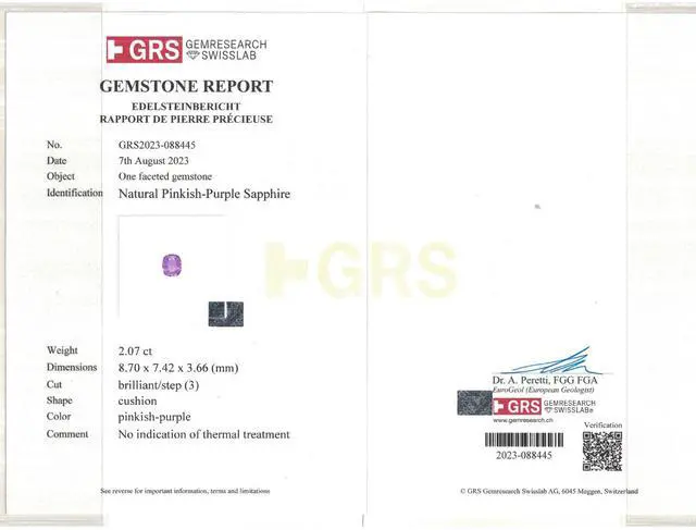 Alt view image 4 of 5 - Cushion Cut Natural Mined Loose Sapphire (2.07 Ct,Pinkish Purple Color,VS2 Clarity) GRS Certified