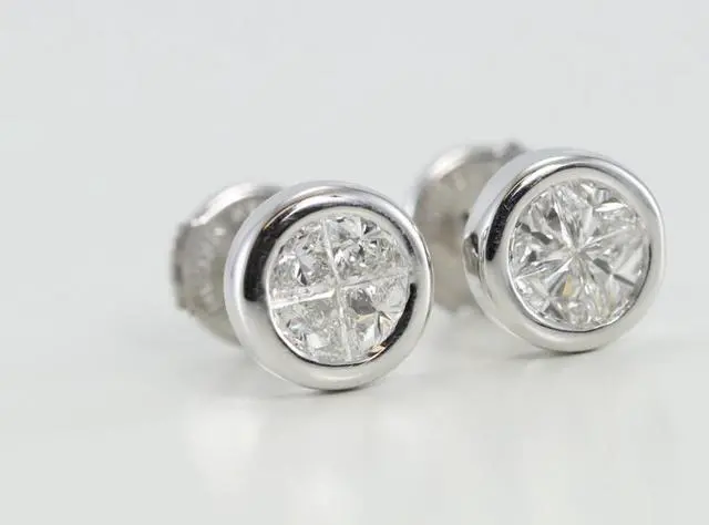 Alt view image 2 of 4 - 18k White Gold Invisible Setting Princess Cut Diamond Round Earrings (0.78 Ct, G-H Color, SI1 Clarity)