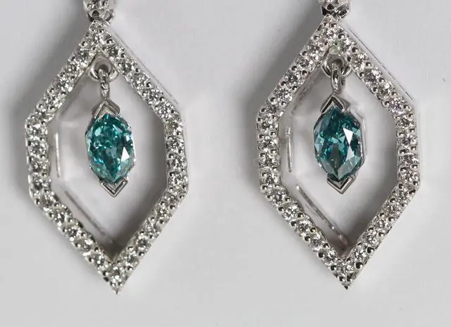 Alt view image 2 of 3 - 18k White Gold Marquise & Round Cut Diamond Earrings (1.32 Ct, Blue (Color Irradiated) & White Diamonds, VS1-VS2 Clarity)