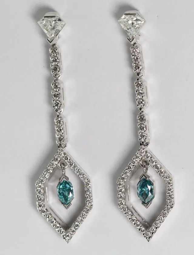 Main image of 18k White Gold Marquise & Round Cut Diamond Earrings (1.32 Ct, Blue (Color Irradiated) & White Diamonds, VS1-VS2 Clarity)