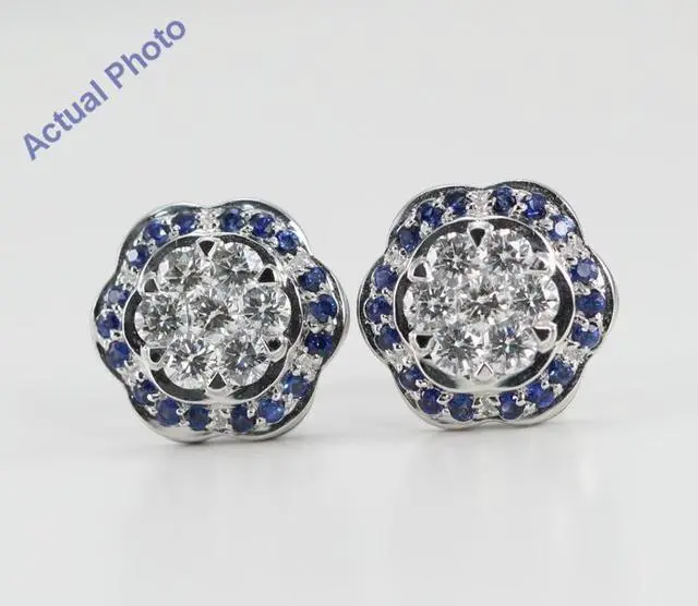 Main image of 18k White Gold Invisible Setting Round Cut Diamond Flower Earrings (0.77 Ct, G Color with Surrounding Blue Sapphire Stones, VS Clarity)